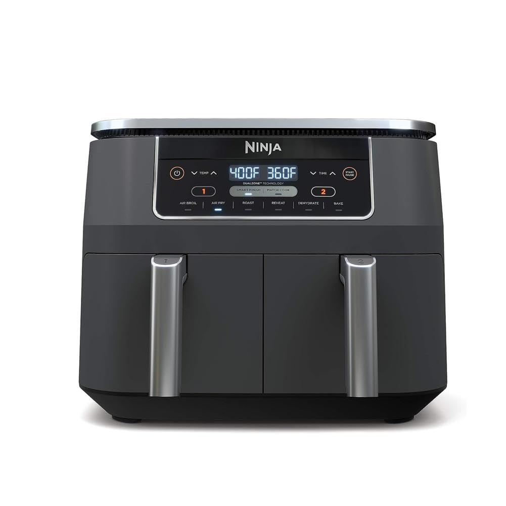 Ninja DZ550 Foodi 10 Quart 6-in-1 DualZone Smart XL Air Fryer with 2 Independent Baskets, Smart Cook Thermometer for Perfect Doneness, Match Cook & Smart Finish to Roast, Dehydrate & More, Grey