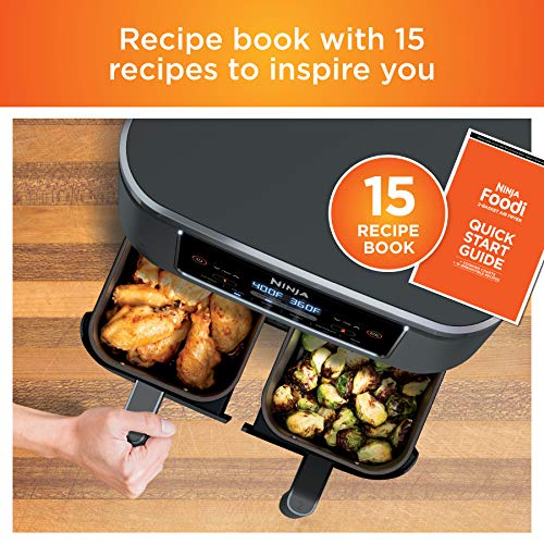 Ninja DZ550 Foodi 10 Quart 6-in-1 DualZone Smart XL Air Fryer with 2 Independent Baskets, Smart Cook Thermometer for Perfect Doneness, Match Cook & Smart Finish to Roast, Dehydrate & More, Grey