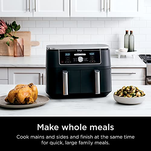 Ninja DZ550 Foodi 10 Quart 6-in-1 DualZone Smart XL Air Fryer with 2 Independent Baskets, Smart Cook Thermometer for Perfect Doneness, Match Cook & Smart Finish to Roast, Dehydrate & More, Grey