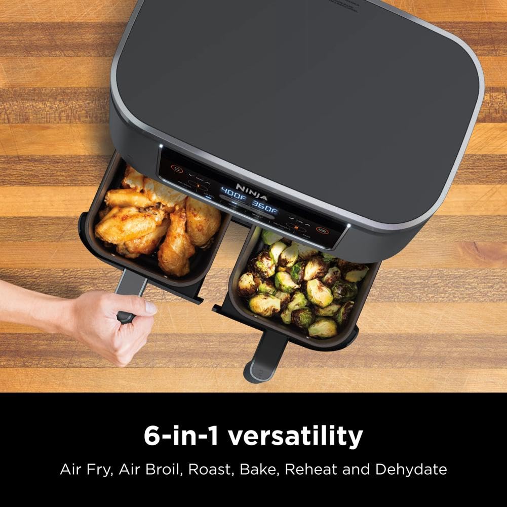 Ninja DZ550 Foodi 10 Quart 6-in-1 DualZone Smart XL Air Fryer with 2 Independent Baskets, Smart Cook Thermometer for Perfect Doneness, Match Cook & Smart Finish to Roast, Dehydrate & More, Grey