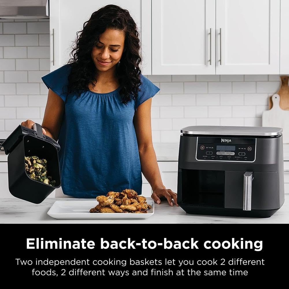 Ninja DZ550 Foodi 10 Quart 6-in-1 DualZone Smart XL Air Fryer with 2 Independent Baskets, Smart Cook Thermometer for Perfect Doneness, Match Cook & Smart Finish to Roast, Dehydrate & More, Grey