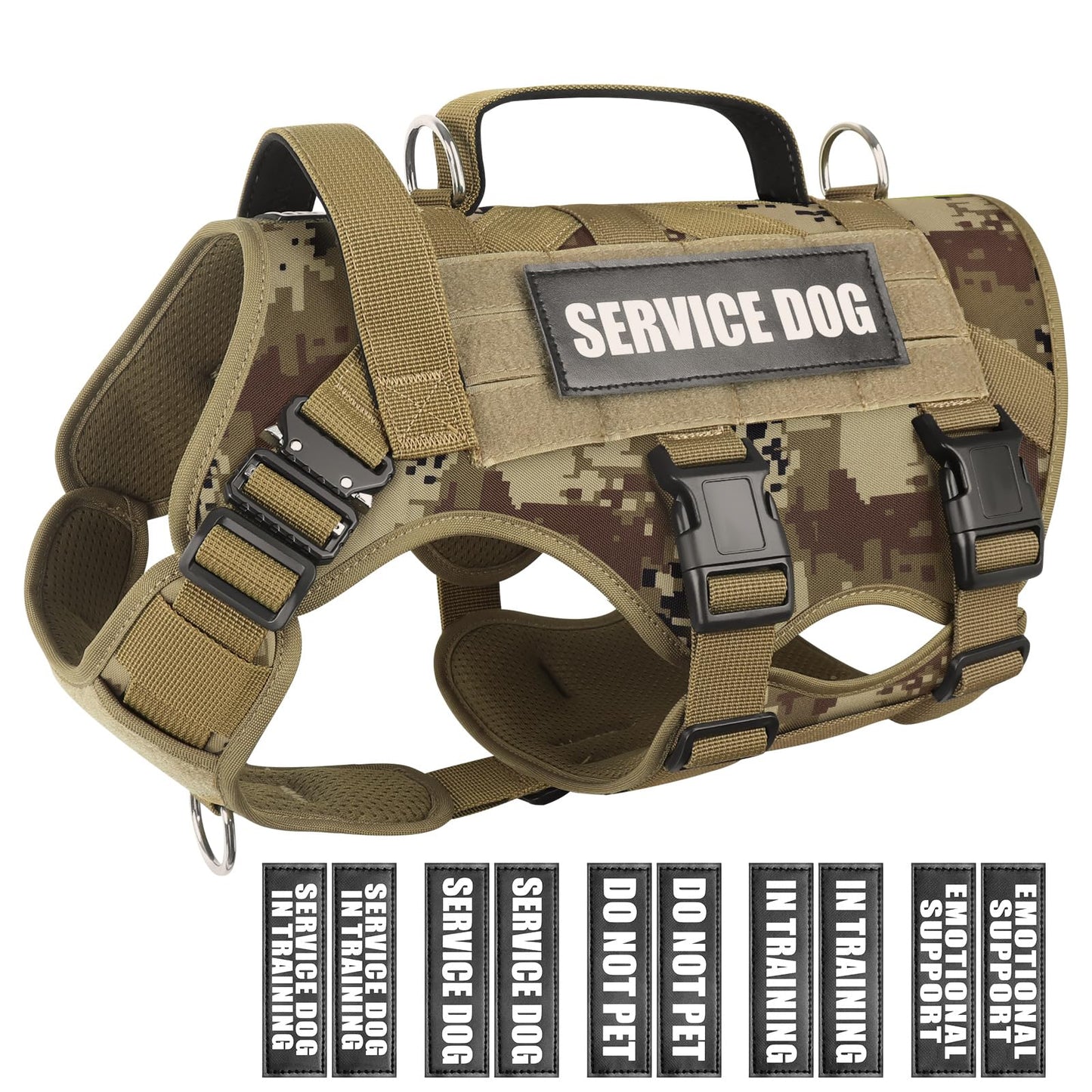 WINSEE Service Dog Vest Harness for Large Dog, Tactical Working MOLLE Vest with 10 Pet Patches, No Pull Heavy Duty Harness for Training Walking