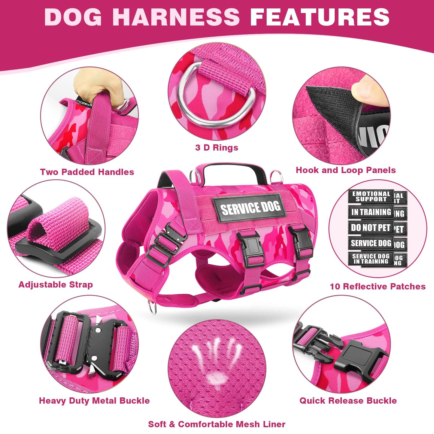 WINSEE Service Dog Vest Harness for Large Dog, Tactical Working MOLLE Vest with 10 Pet Patches, No Pull Heavy Duty Harness for Training Walking