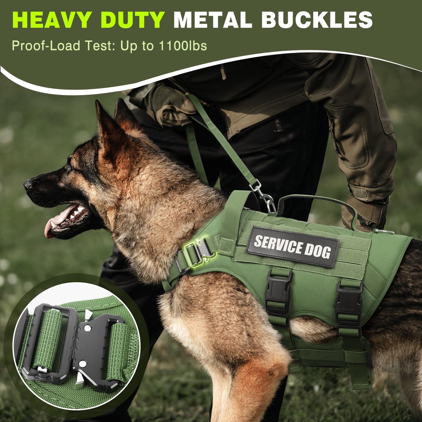 WINSEE Service Dog Vest Harness for Large Dog, Tactical Working MOLLE Vest with 10 Pet Patches, No Pull Heavy Duty Harness for Training Walking
