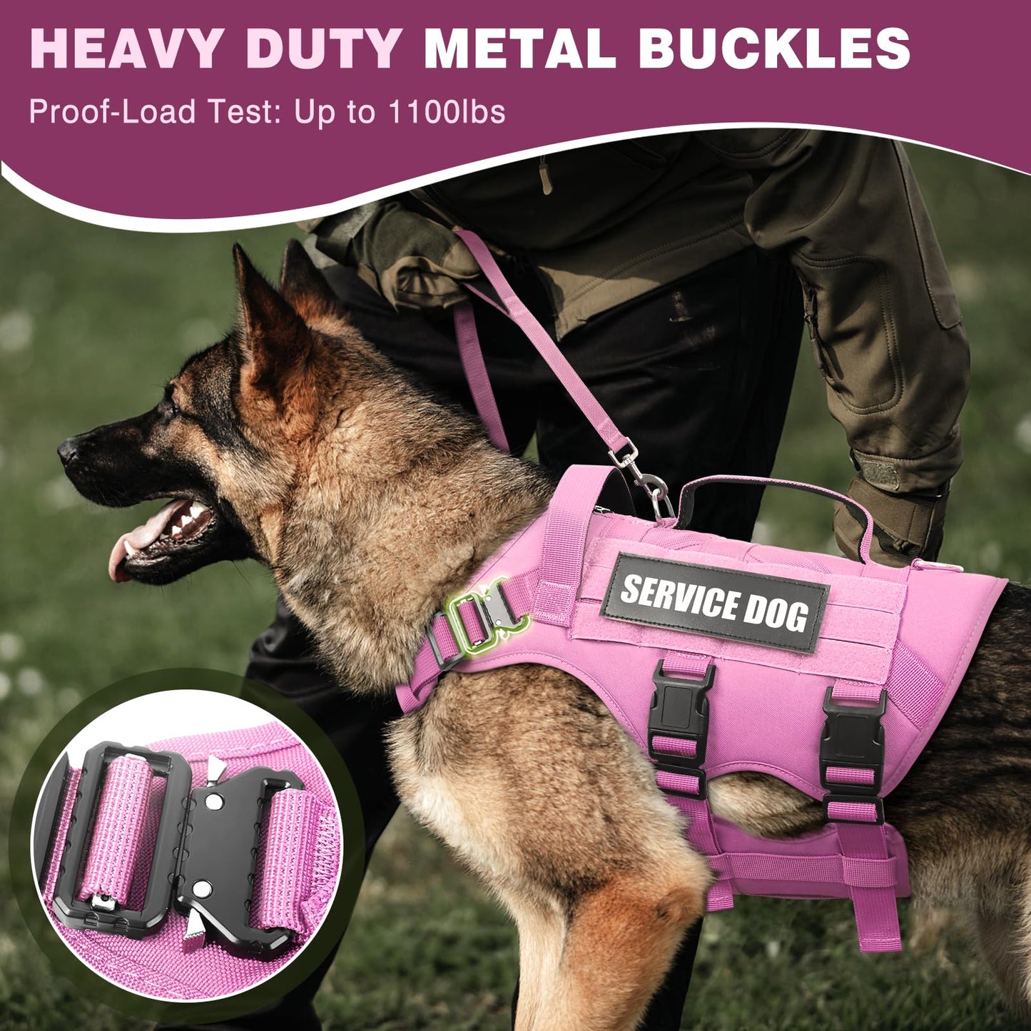 WINSEE Service Dog Vest Harness for Large Dog, Tactical Working MOLLE Vest with 10 Pet Patches, No Pull Heavy Duty Harness for Training Walking