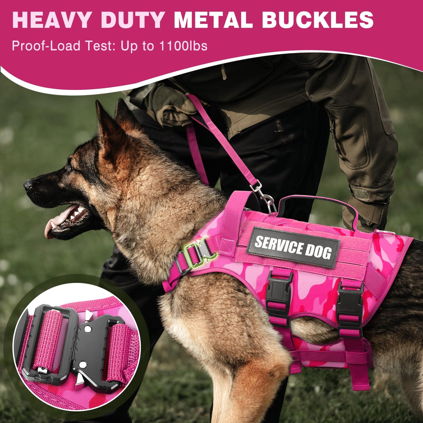 WINSEE Service Dog Vest Harness for Large Dog, Tactical Working MOLLE Vest with 10 Pet Patches, No Pull Heavy Duty Harness for Training Walking