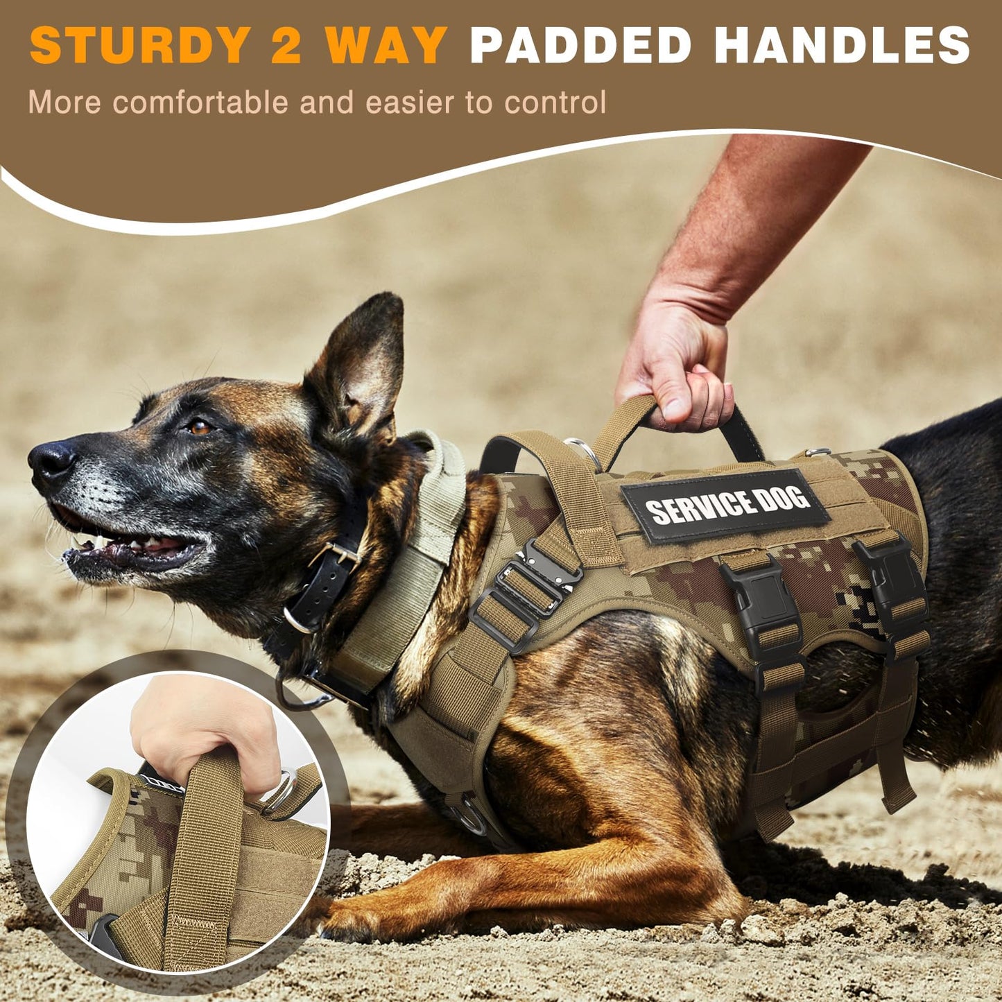 WINSEE Service Dog Vest Harness for Large Dog, Tactical Working MOLLE Vest with 10 Pet Patches, No Pull Heavy Duty Harness for Training Walking